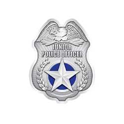Silver Jr. Police Officer Sticker Badge  Police, safety product, educational, sticker police badge, police officer badge, stock badge, stock police badge, stock sticker badge, stock
