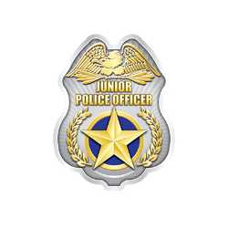 Silver Jr. Police Officer Sticker Badge  Police, safety product, silver sticker badge, educational, sticker police badge, police officer badge, stock badge, stock police badge, stock sticker badge, stock