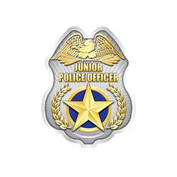 Silver Jr. Police Officer Sticker Badge  Police, safety product, silver sticker badge, educational, sticker police badge, police officer badge, stock badge, stock police badge, stock sticker badge, stock