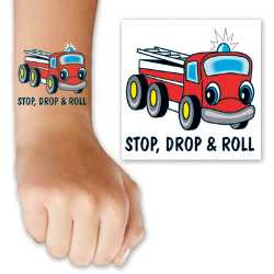 Stop, Drop & Roll Fire Truck Tattoo stop drop roll tattoo, fire truck kids tattoo, fire safety temporary tattoo, fire department children’s giveaways, EMS outreach items, police department community handouts, kids fire safety materials, first responder promotional items
