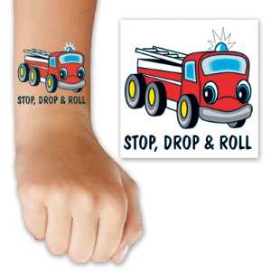 Stop, Drop & Roll Fire Truck Tattoo stop drop roll tattoo, fire truck kids tattoo, fire safety temporary tattoo, fire department children’s giveaways, EMS outreach items, police department community handouts, kids fire safety materials, first responder promotional items