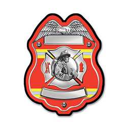 Imprinted Volunteer FF Red Plastic Clip-On Badge firefighting, fire safety product, fire prevention, plastic fire badge, firefighting badge, volunteer firefighter badge, custom badge, custom firefighter badge