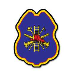 Imprinted FF Scramble Blue Plastic Clip-On Badge firefighting, fire safety product, fire prevention, plastic fire badge, firefighting badge, custom badge, custom firefighter badge
