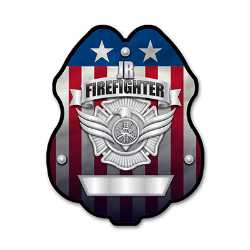 Imprinted Jr. FF Silver Plastic Clip-On Badge firefighting, fire safety product, fire prevention, plastic fire badge, firefighting badge, junior firefighter badge, custom badge, custom firefighting badge