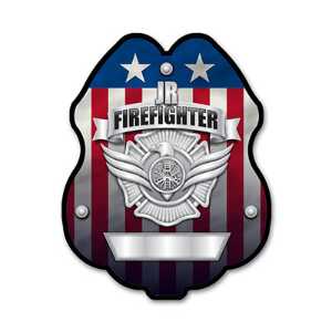 Imprinted Jr. FF Silver Plastic Clip-On Badge firefighting, fire safety product, fire prevention, plastic fire badge, firefighting badge, junior firefighter badge, custom badge, custom firefighting badge