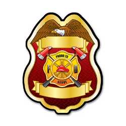 Imprinted Proud To Serve Gold Plastic Clip-On Badge firefighting, fire safety product, fire prevention, plastic fire badge, firefighting badge